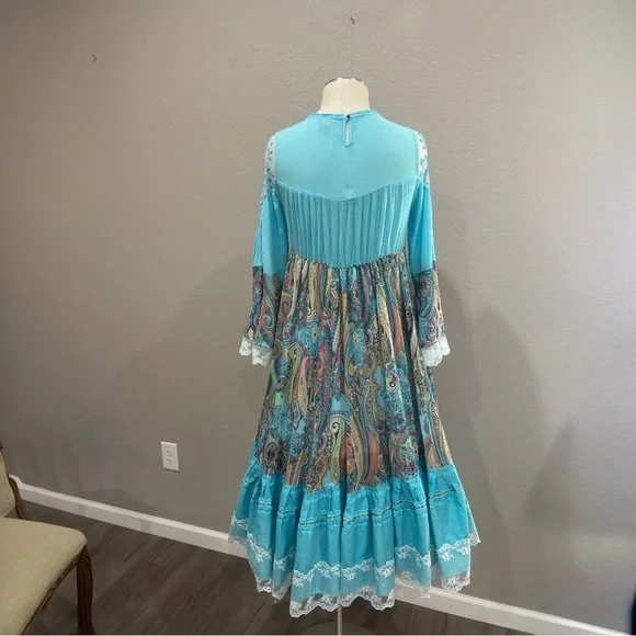 Upcycled Turquoise Boho Maxi Dress with Lacy Top & Paisley Ruffled Skirt, Size M - Picture 3 of 12